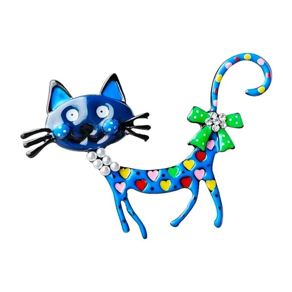 Fun Blue Cat Enamel Rhinestone Brooch Pin Stylish Kitty Whimsical Heart Bow Love - Picture 1 of 4